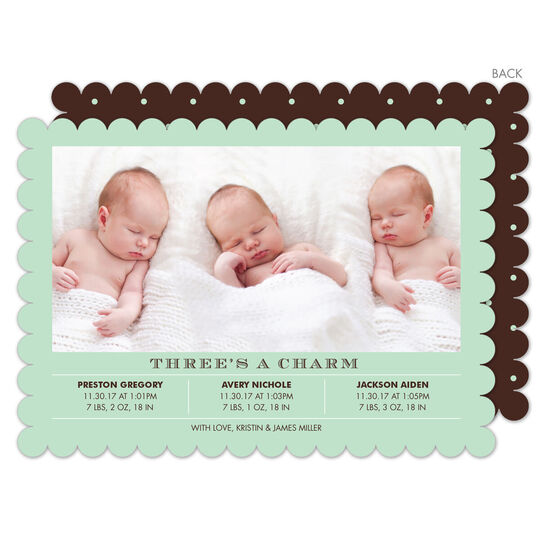 Seafoam Three's A Charm Triplets Photo Birth Announcements